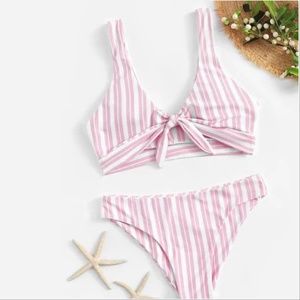 Striped pink knot front bikini set